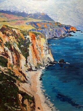 Original Coastal Cliffside Canvas Art Acrylic Painting in Blue and Tan